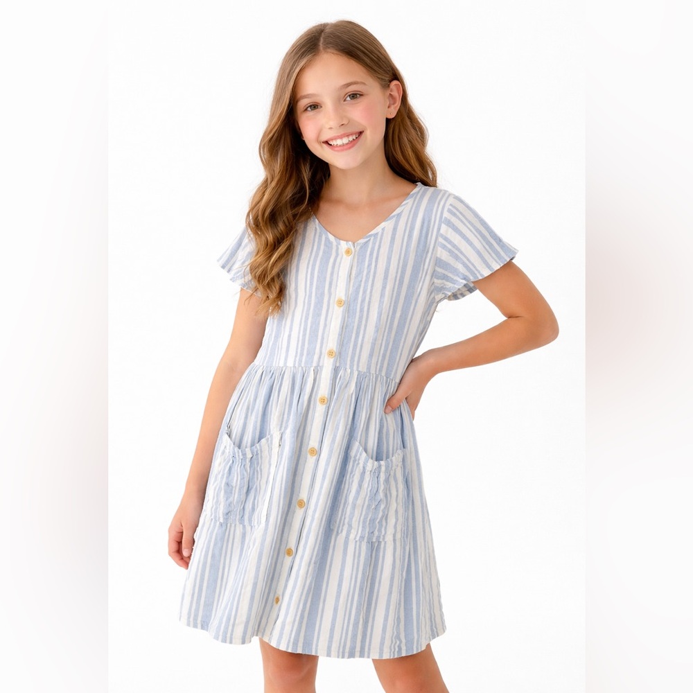 Cotton On Girls Blue White Striped Button Front Dress Size 9-10